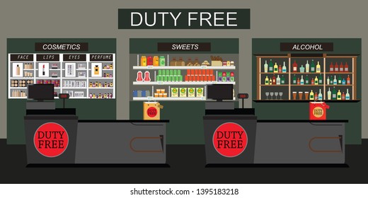 Duty free store with counter cashier, shelf of alcohol, sweets and food forTax free,Vector flat illustration.