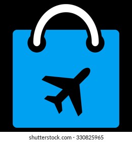 Duty Free vector icon. Style is flat bicolor blue and white symbol, rounded angles, black background.