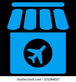 Duty Free vector icon. Style is flat blue symbol, rounded angles, black background.