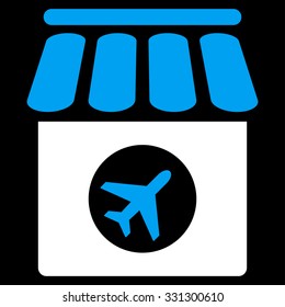Duty Free vector icon. Style is flat bicolor blue and white symbol, rounded angles, black background.