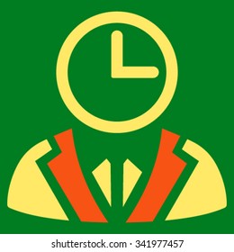 Duty Person vector icon. Style is bicolor flat symbol, orange and yellow colors, rounded angles, green background.