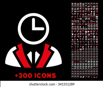 Duty Person vector pictogram with additional 300 date and time management icons. Style is bicolor flat symbols, red and white colors, rounded angles, black background.