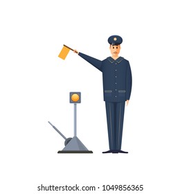 Duty railroader, officer at station is signaling, with flag in his hand, giving signals to the train, crew for further actions. Employee, platform controller of railway station. Vector illustration.