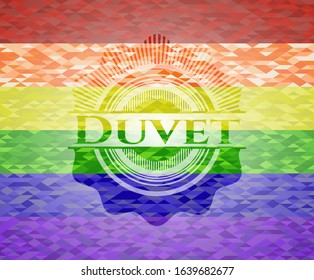 Duvet emblem on mosaic background with the colors of the LGBT flag
