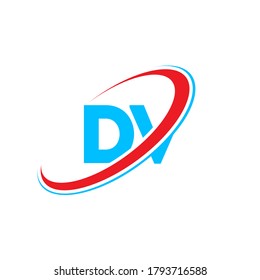 Diseño del logotipo de la letra DV D V. Letra inicial del logotipo monograma superior del círculo DV vinculado rojo y azul. Logo DV, diseño D V. dv, d v