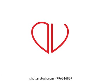 DV initial logo letter with heart shape red colored, logo design for wedding invitation, wedding name and business name.