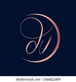 DV monogram logo.Rose color typographic icon.Calligraphic lettering sign.Alphabet initials isolated on dark fund.Lowercase characters in a circle frame.Elegant signature style.Letter d and letter v.