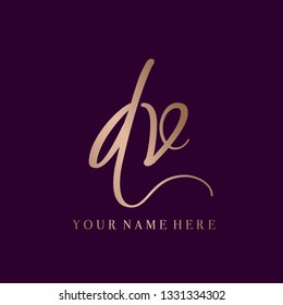 DV monogram in signature style.Typographic sign with script lowercase letter d and letter v.Lettering logo in rose gold metallic color isolated on dark background.