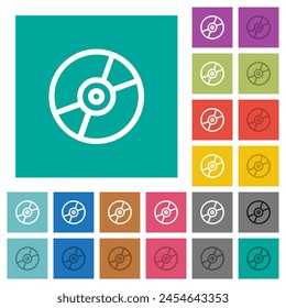 DVD disc outline multi colored flat icons on plain square backgrounds. Included white and darker icon variations for hover or active effects.