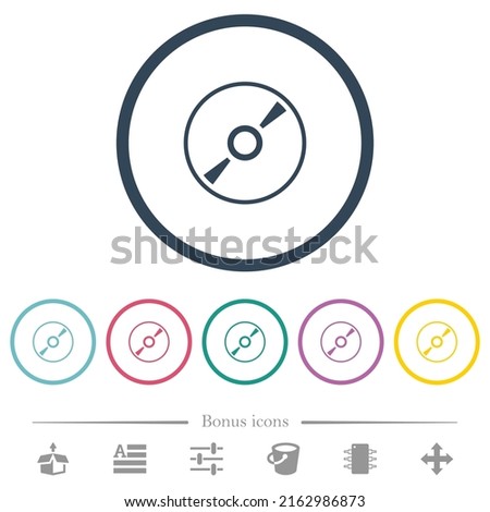 DVD disk outline flat color icons in round outlines. 6 bonus icons included.