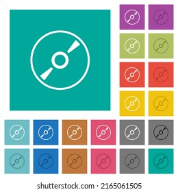 DVD disk outline multi colored flat icons on plain square backgrounds. Included white and darker icon variations for hover or active effects.