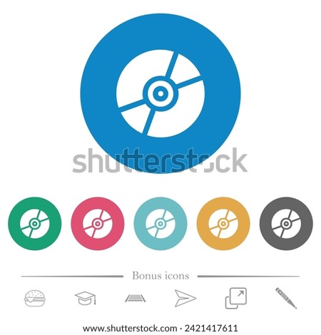 DVD disk solid flat white icons on round color backgrounds. 6 bonus icons included.