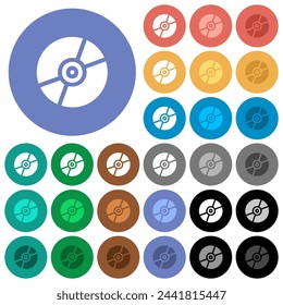 DVD disk solid multi colored flat icons on round backgrounds. Included white, light and dark icon variations for hover and active status effects, and bonus shades.
