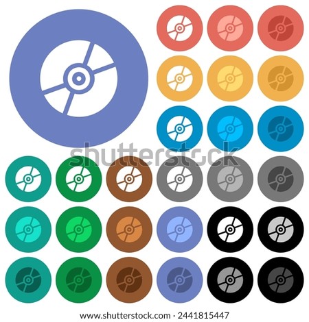 DVD disk solid multi colored flat icons on round backgrounds. Included white, light and dark icon variations for hover and active status effects, and bonus shades.