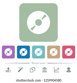 DVD disk white flat icons on color rounded square backgrounds. 6 bonus icons included