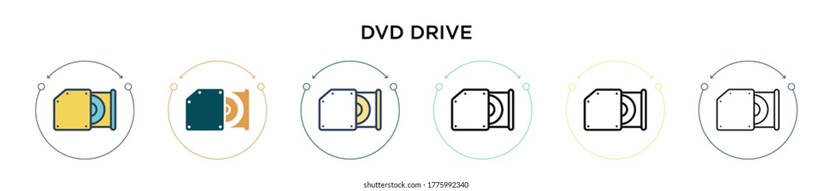 Dvd drive icon in filled, thin line, outline and stroke style. Vector illustration of two colored and black dvd drive vector icons designs can be used for mobile, ui, web