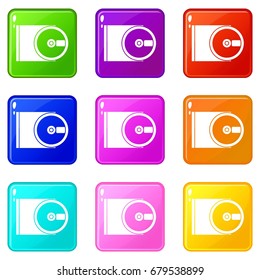 DVD drive open icons of 9 color set isolated vector illustration
