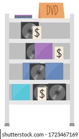 Dvd garage sale, disk equipment on shelf, giveaways sign. Sound or media technology, cd in box, container with multimedia object, storage icon vector