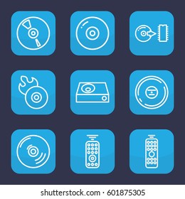 dvd icon. Set of 9 outline dvd icons such as disc flame, dvd player, CD, disc