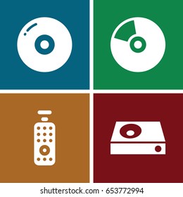 Dvd icons set. set of 4 dvd filled icons such as dvd player, remote control, cd