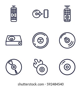 dvd icons set. Set of 9 dvd outline icons such as disc flame, dvd player, CD, disc