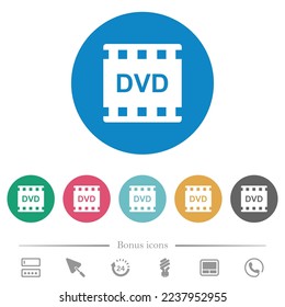 Formato de película DVD iconos blancos planos en fondos de color redondo. 6 iconos de bonificación incluidos.