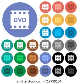 DVD movie format multi colored flat icons on round backgrounds. Included white, light and dark icon variations for hover and active status effects, and bonus shades on black backgounds.