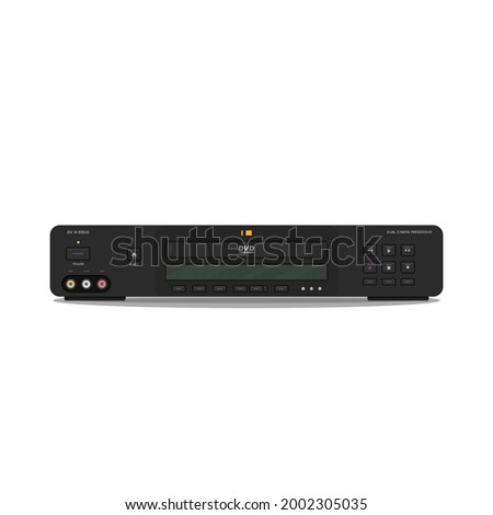 DVD player with hi-fi video and high quality video. DVD player and recorder. Realistic vector video player image. DVD disk black player for hi-fi rack setup.