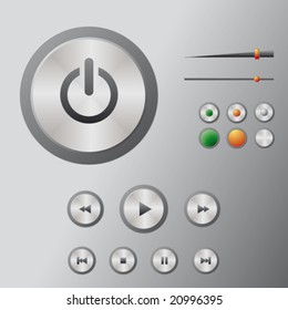 DVD player, multimedia player, Blue-ray, icons: play, stop, next, previous, forward, rewind, play, power, sliders (brushed metal)