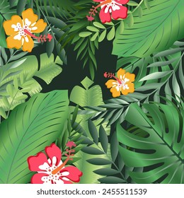 dvector background on a tropical theme, palm leaves of different shades of green with tropical flowers