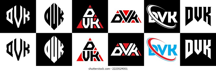 DVK letter logo design in six style. DVK polygon, circle, triangle, hexagon, flat and simple style with black and white color variation letter logo set in one artboard. DVK minimalist and classic logo