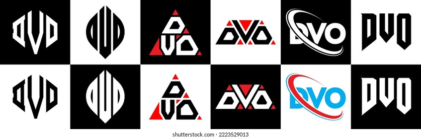 DVO letter logo design in six style. DVO polygon, circle, triangle, hexagon, flat and simple style with black and white color variation letter logo set in one artboard. DVO minimalist and classic logo