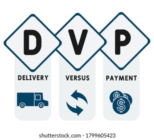 DVP - entrega contra pago. concepto de negocios de siglas. concepto de ilustración vectorial con palabras clave e iconos. ilustración con iconos para banner web, volante, página de inicio, presentación
