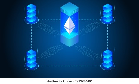 DVT, Distributed Validator Technology on Ethereum 2.0. ETH logo in hologram platform and block validation in the blockchain. ETH 2.0 illustration for banner, website, landing page, ads, flyer template