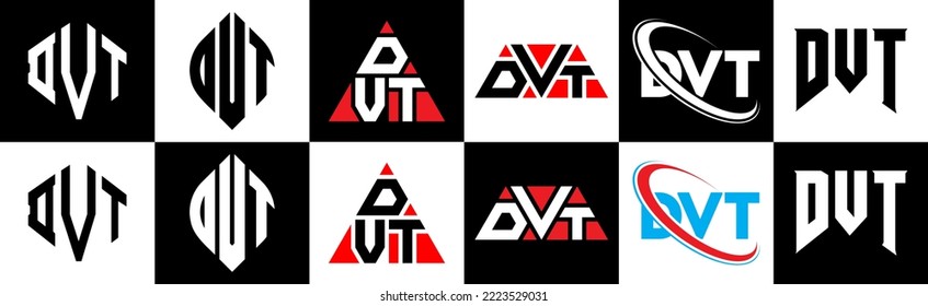 DVT letter logo design in six style. DVT polygon, circle, triangle, hexagon, flat and simple style with black and white color variation letter logo set in one artboard. DVT minimalist and classic logo