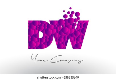 DW D W Dots Letter Logo with Purple Pink Magenta Bubbles Texture Vector.