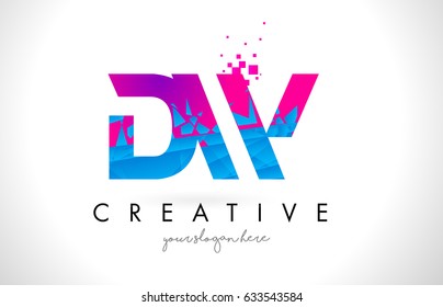 DW D W Letter Logo with Broken Shattered Blue Pink Triangles Texture Design Vector Illustration.