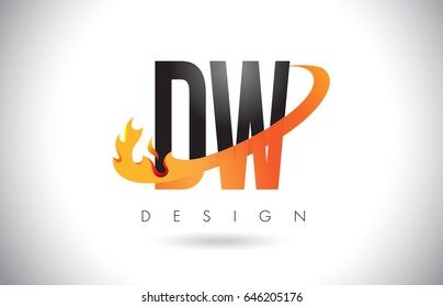 DW D W Letter Logo Design with Fire Flames and Orange Swoosh Vector Illustration.