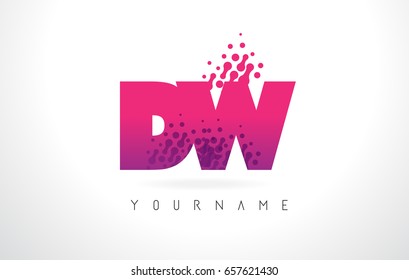 DW D W Letter Logo with Pink Letters and Purple Color Particles Dots Design.