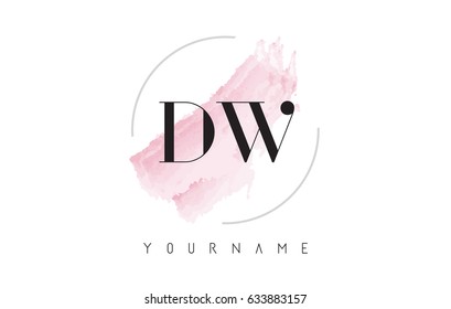 DW D W Watercolor Letter Logo Design with Circular Shape and Pastel Pink Brush.