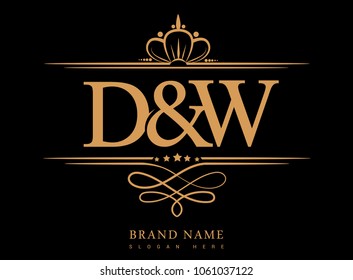 D&W Initial logo, Ampersand initial logo gold with crown and classic pattern