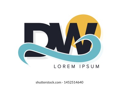 DW letter logo with ocean waves and sunset. Beach concept design