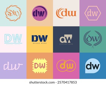 DW logo company template. Letter d and w logotype. Set different classic serif lettering and modern bold text with design elements. Initial font typography. Collection trendy business identity.