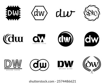 DW logo company template. Letter d and w logotype. Set different classic serif lettering and modern bold text with design elements. Initial font typography. Collection trendy business identity.