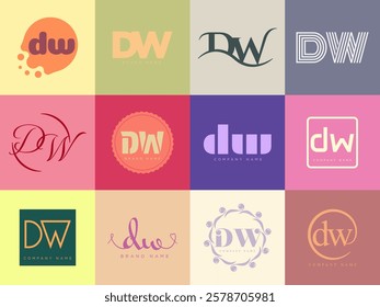 DW logo company template. Letter d and w logotype. Set different classic serif lettering and modern bold text with design elements. Initial font typography. Collection trendy business identity.