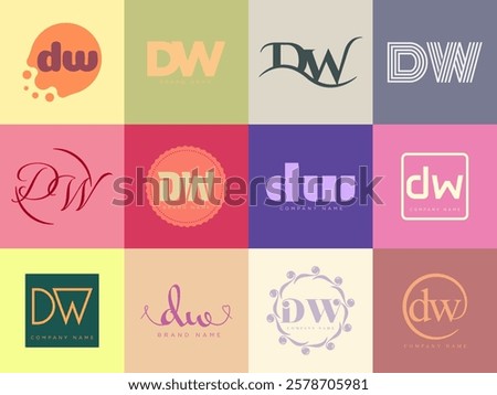 DW logo company template. Letter d and w logotype. Set different classic serif lettering and modern bold text with design elements. Initial font typography. Collection trendy business identity.