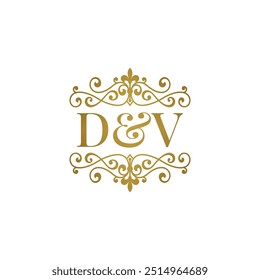 DW logo with gold ornament. Initials D ampersand W for business partner or wedding symbol