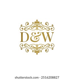 Logotipo DW com ornamento dourado. Iniciais D e comercial W para parceiro comercial ou símbolo de casamento