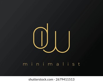 Logotipo minimalista DW com formas entrelaçadas no plano de fundo preto sólido. Um design de logotipo minimalista limpo e moderno.