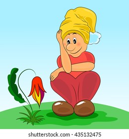dwarf admiring a flower